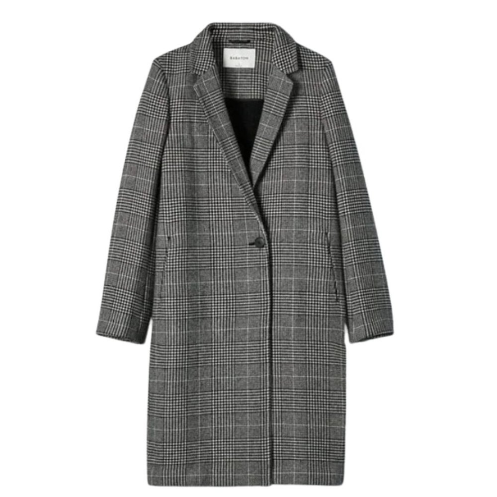 Aritzia Babaton stedman plaid check wool overcoat black white grey S